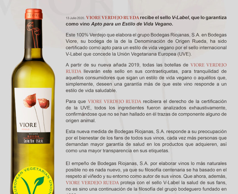 VIORE Verdejo recibe el sello V-Label, que lo garantiza Apto para un Estilo de Vida Vegano