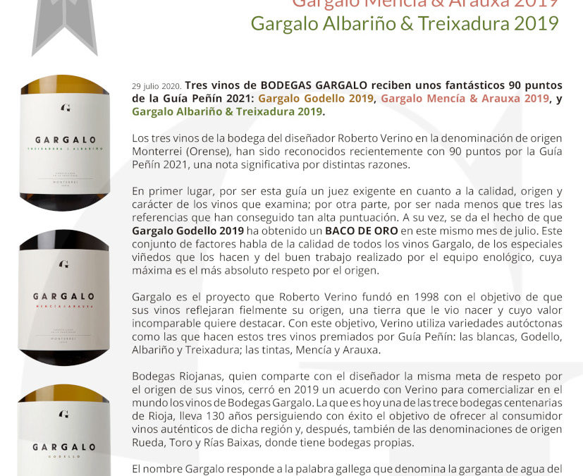 Fantástica puntuación en la Guía Peñín 2021 de GARGALO